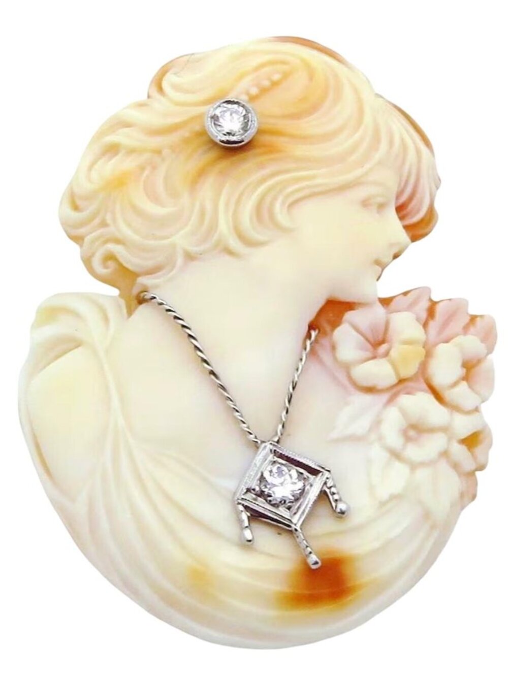 Beautiful Vintage 14K White Gold Carved Shell Cameo Brooch Pin with Diamonds